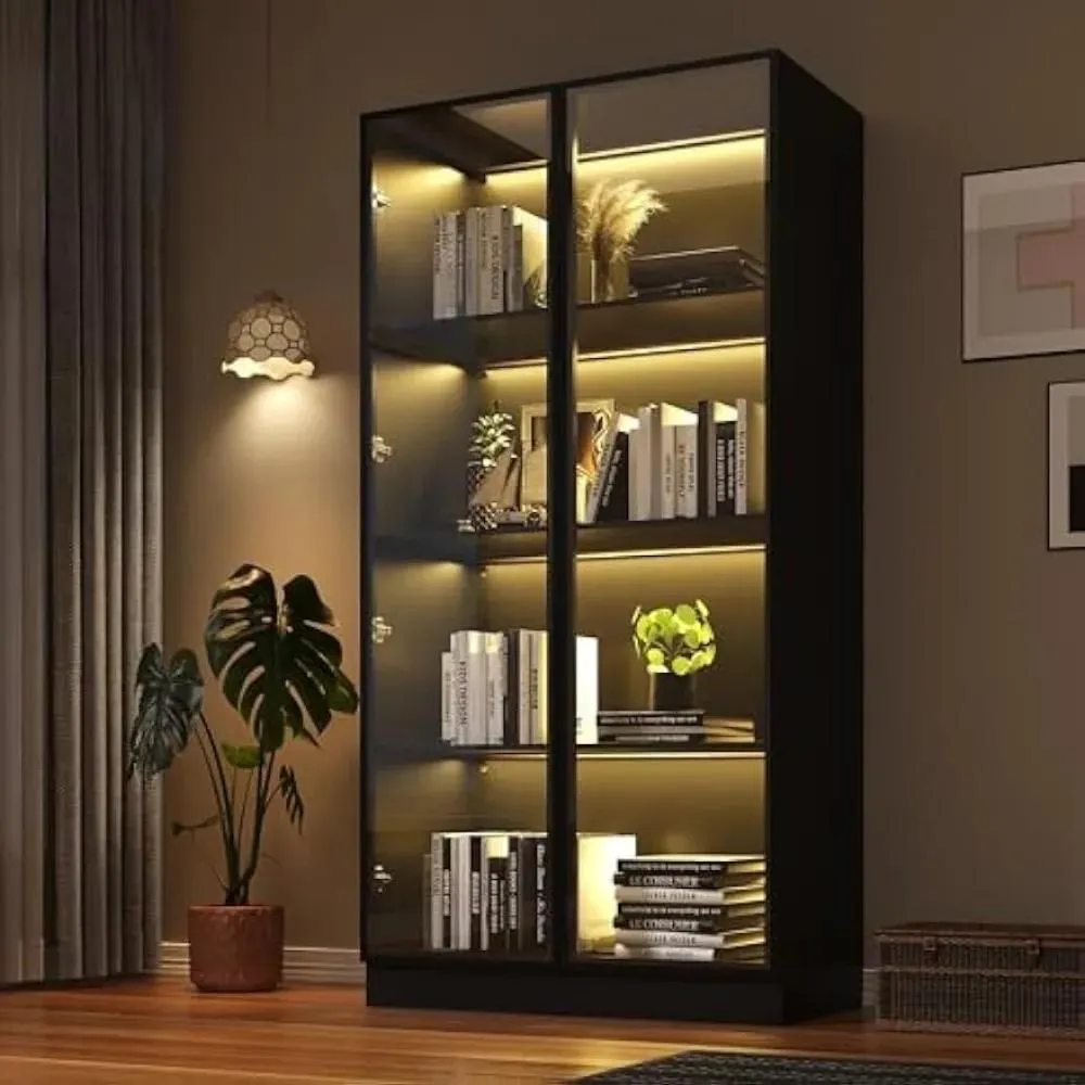 Display Storage Cabinet,howcase with 4-Tier Storage Shelves,Pantry Glass Cabinet for Living Room,Dinning Room and Kitchen(Black)