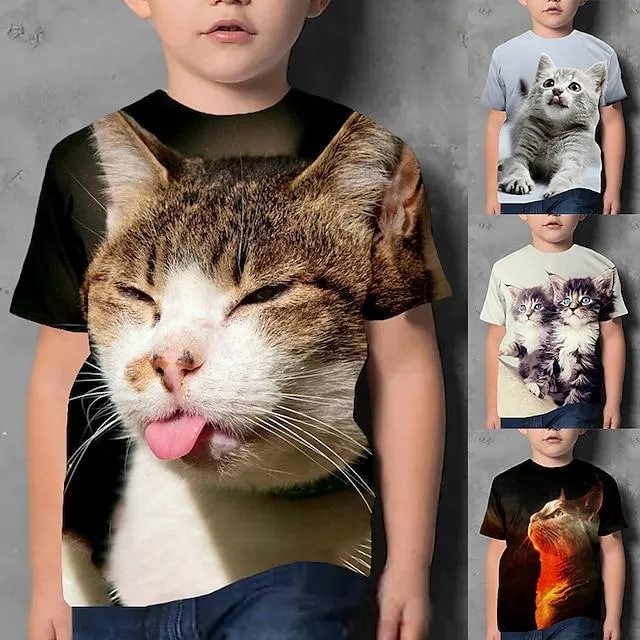 Kinderen Jongens T-shirt Tee dier Kat Korte mouw Ronde hals Kinderen Top Casual 3D-afdrukken Aanbiddelijk Dagelijks Zomer Zwart 3-12 jaar