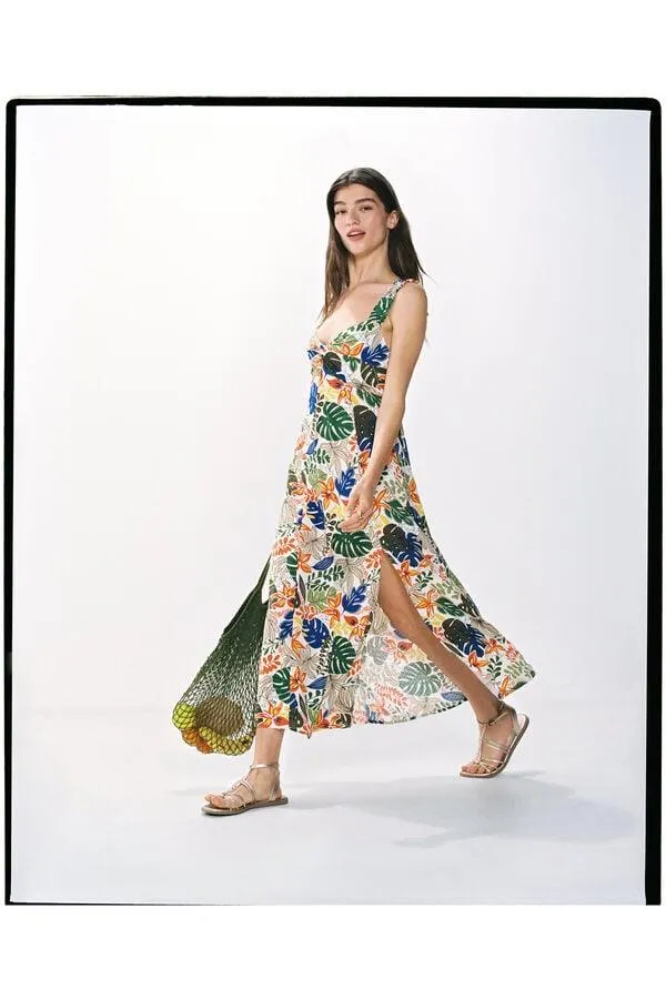 Vestido Midi Estampado Tropical