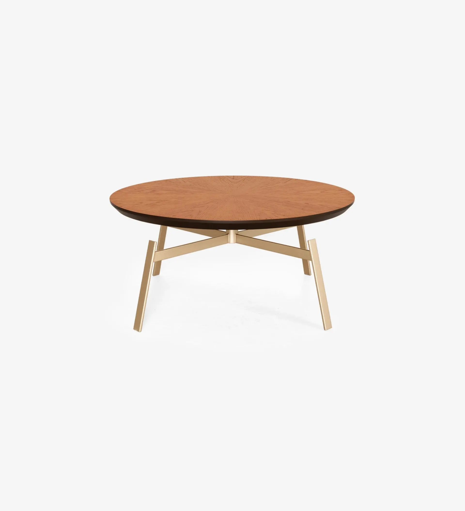 Mesa de centro Tokyo redonda, tampo folha natural cor mel e pé metálico lacado a dourado, Ø 100 cm.