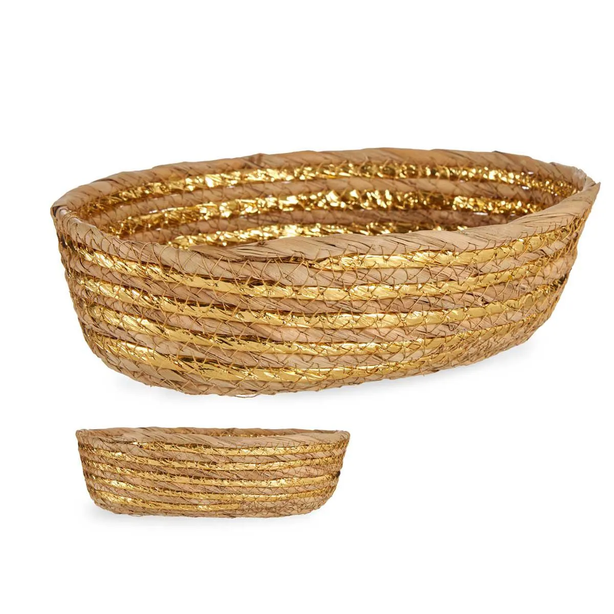 Cesto De Pão Natural E Dourado Em Ráfia 24cm