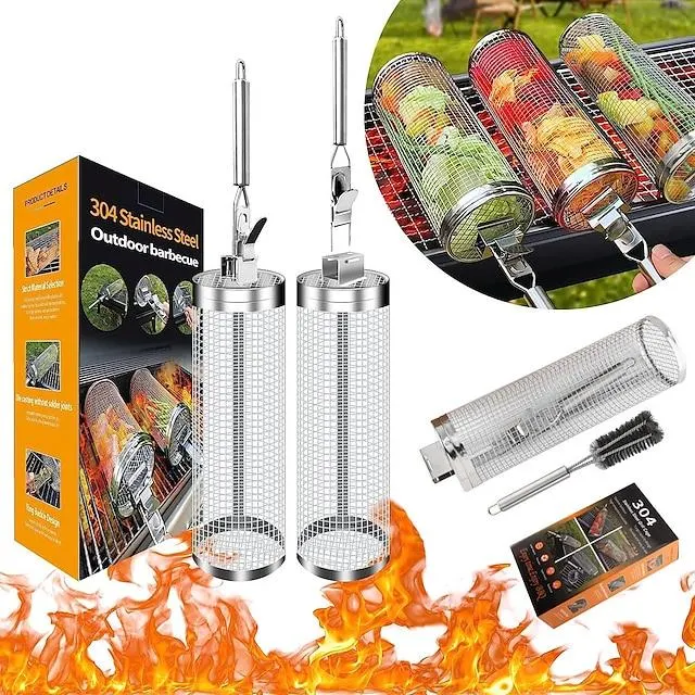 opgewaardeerde rollende grillmandset, met grillaccessoires van roestvrij staal, voor buiten koken, vegetarische bbq, ronde grill, cilindergaas en draagbare barbecue-accessoires