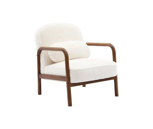 Cadeirão escandinavo em madeira de hevea manchada de nogueira clara e tecido de pele sintética, Amelie, Creme, 66x82x77 cm