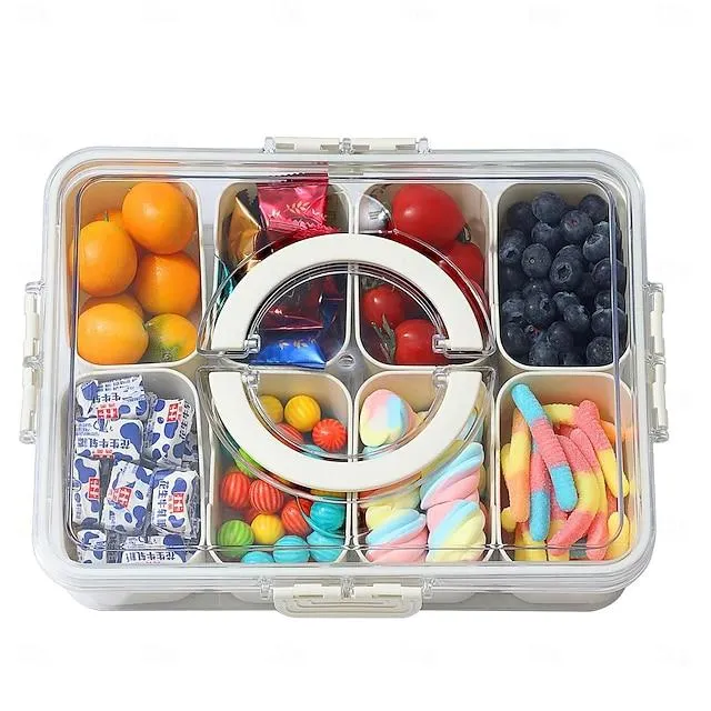 Snackboxcontainer, verdeeld dienblad met deksel en handvat Snackboxcontainer, snackorganizer voor volwassenen fruitschaal, groentelade, perfect voor feestjes, entertainment
