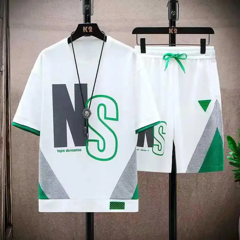 T Shirts for Men Clothing Casual Silk Gradient Men Set Tshirt Summer Running Men's Two-piece Oversize Gym Sport Short Pants