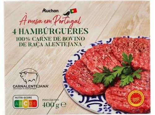 hambúrgueres dop auchan à mesa em portugal 100% bovino alentejano 4x100g