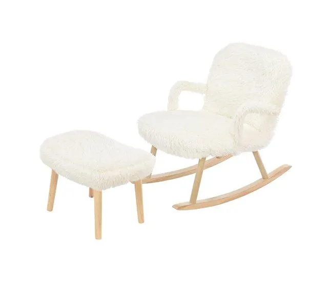 Poltrona de balanço de caxemira felpuda com estribos e apoios de braço, apoios de braço cobertos com pelo longo, ergonômica, poltrona de balanço acolchoada