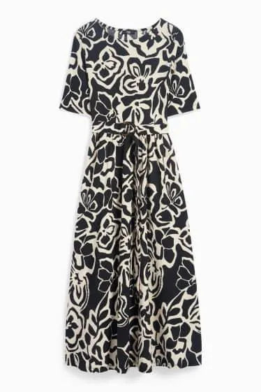 Fit & flare dress with belt - floral - textured