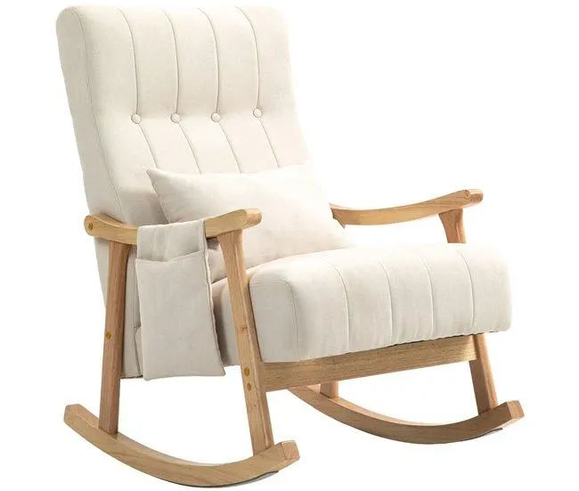 Cadeira de Balanço Estofada em Tecido Bege com Estrutura em Madeira Natural, Estilo Escandinavo Moderno e Bolso Lateral Funcional. Perfeita para Sala, Quarto ou Área de Leitura. Confortável, Estável e Elegante