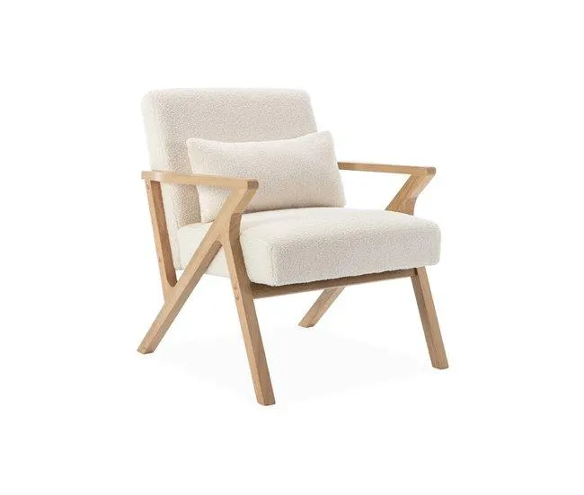 Cadeirão escandinavo em madeira de hevea e boucle, Antoine, Branco, 70.5x75x81 cm