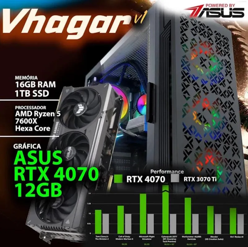 COMPUTADOR GAMING - AMD RYZEN 5 7600X / RTX 4070 12GB / 16GB RAM / 1TB SSD - CHIP7 VHAGAR V1 Powered by ASUS