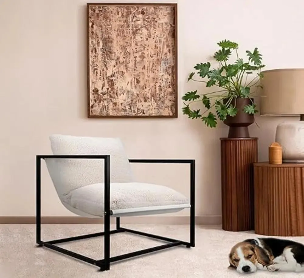 Modern Accent Chairs, Living Room Chairs with Metal Frame and Upholstered, Lazy Arm Chair with White Boucle for Bedroom
