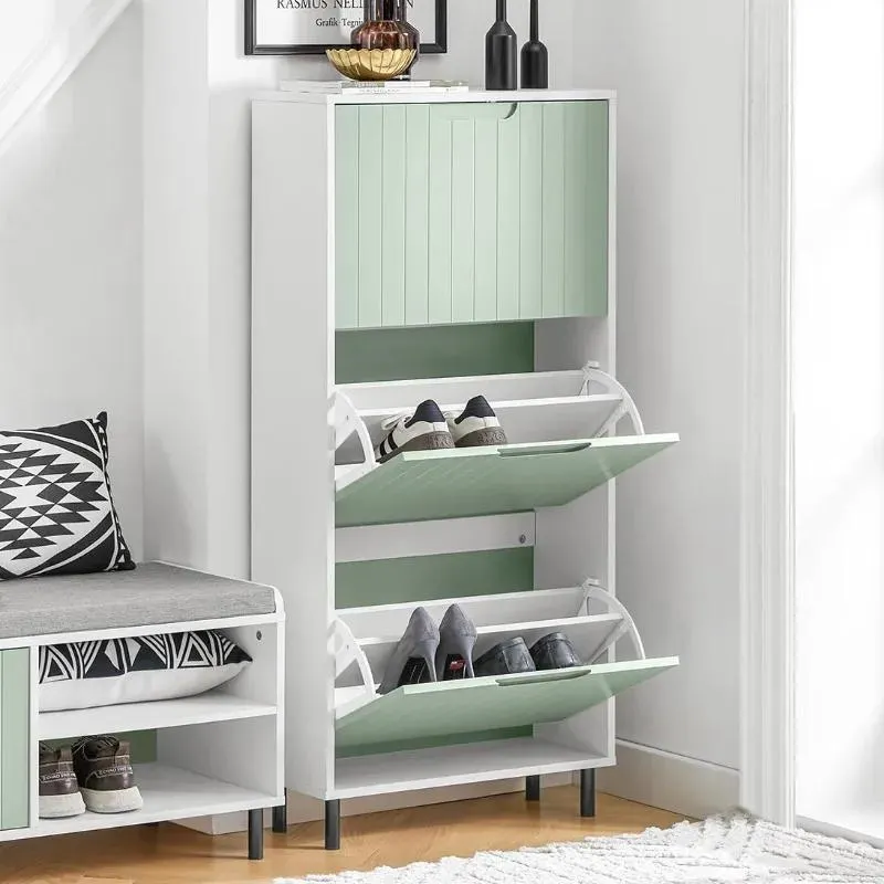 FSR157-GR Green Shoe Cabinet with 3 Flip-Drawers, Freestanding Shoe Rack, Shoe Organiazer