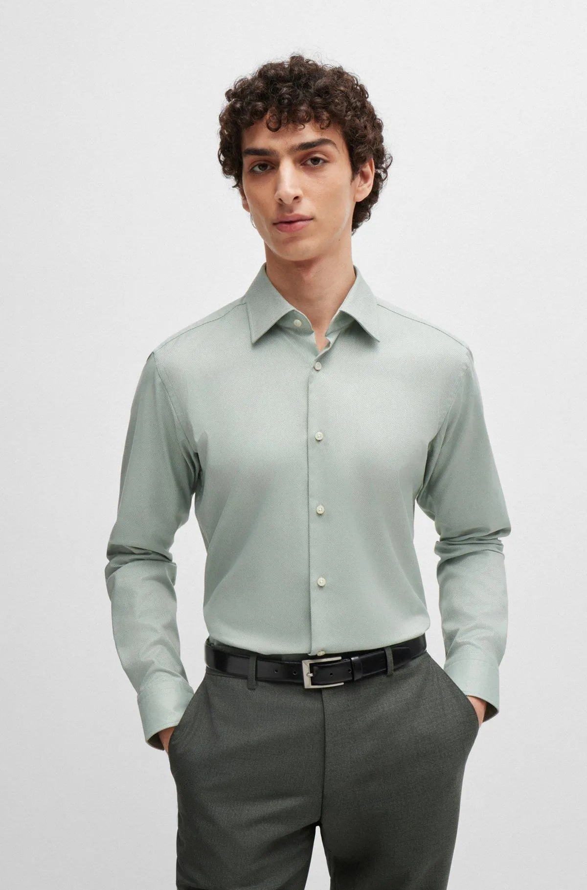 Regular-fit shirt in easy-iron structured stretch cotton