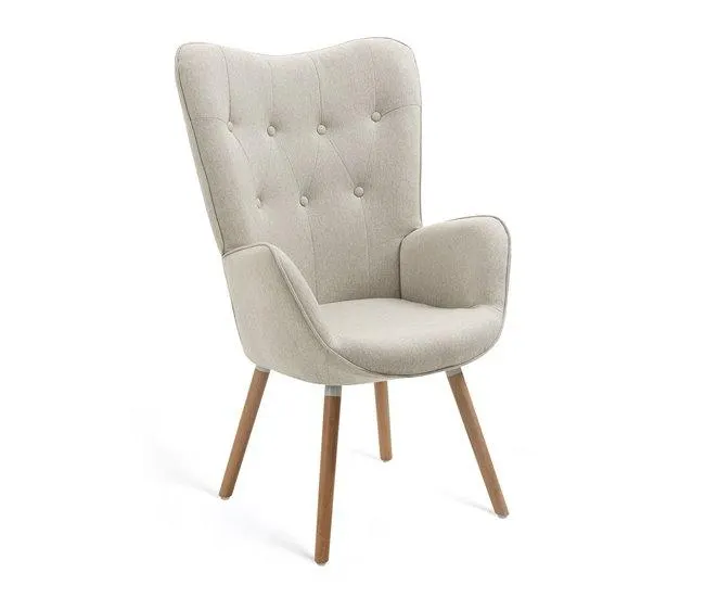 Poltrona Relax Estofada Bege com Pés de Madeira Natural, Design Escandinavo com Encosto Alto e Assento Acolchoado, Ideal para Sala de Estar, Quarto ou Espaço de Leitura