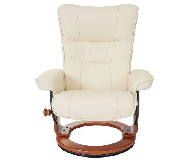 Poltrona relaxante TV giratória com apoio para os pés em couro legítimo creme com estrutura de madeira cor de mel 04_0007832