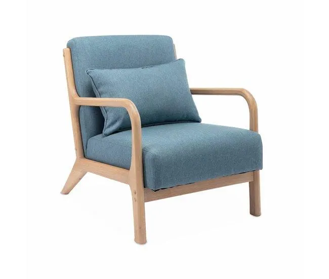 Cadeirão de design em madeira e tecido, Lorens boucle, Azul, 65x80x79 cm