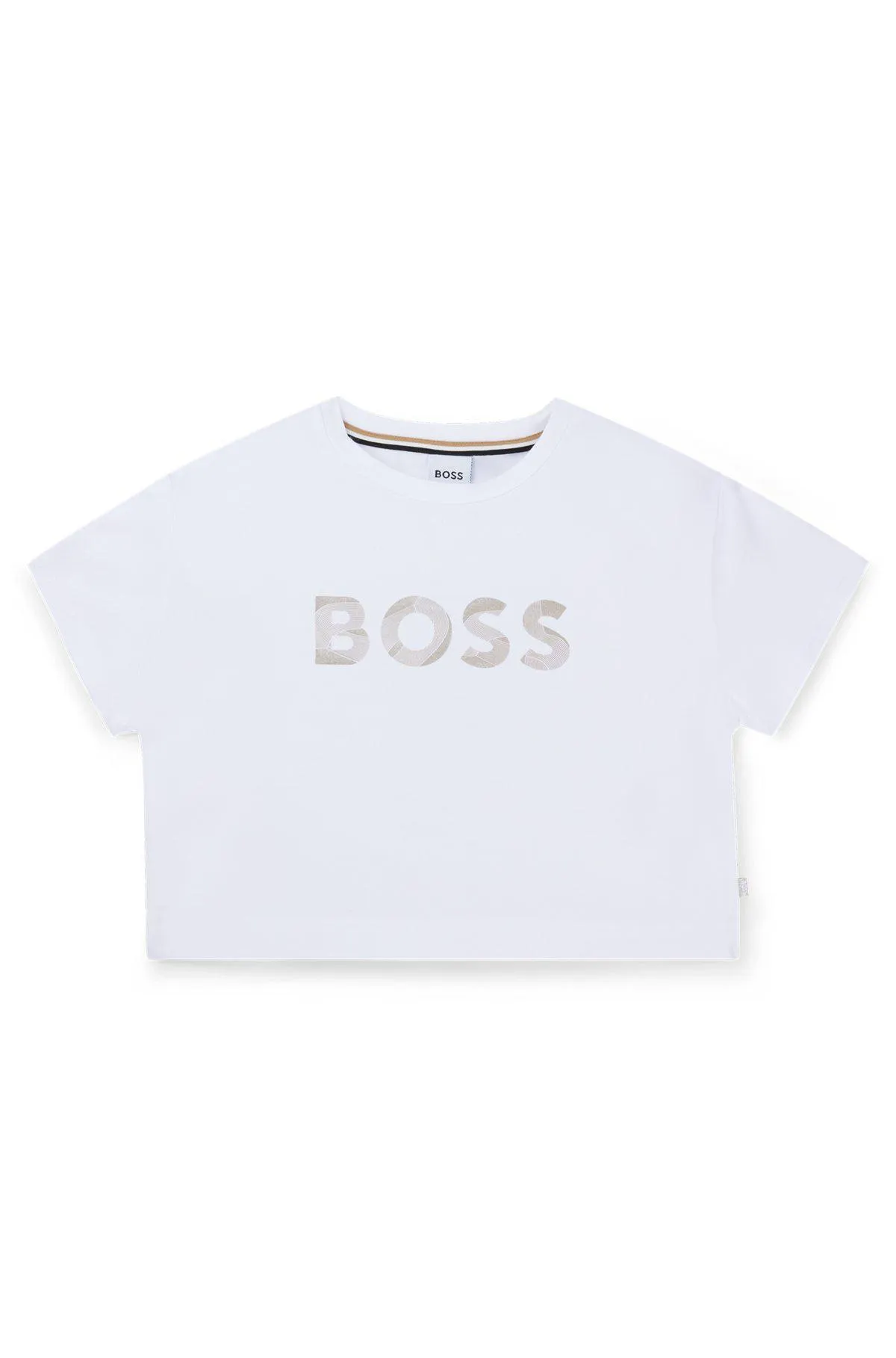 T-shirt para criança em algodão elástico com logótipo metálico estampado