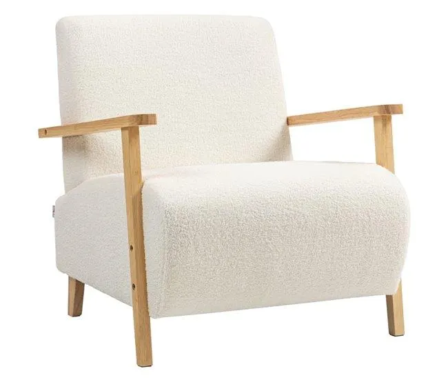 Poltrona Relax Estofada em Tecido Sherpa Bege com Estrutura em Madeira Natural e Design Nórdico Moderno. Assento Macio e Ergonômico com Apoio de Braço Confortável. Ideal para Sala, Quarto ou Espaço de Leitura