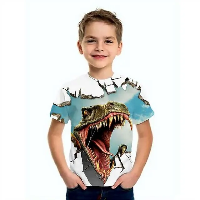Kinderen Jongens T-shirt Korte mouw Licht Blauw Meerblauw Marine 3D-afdrukken Dinosaurus dier School Dagelijks Voor Binnen Basic Stoer 3-12 jaar / Zomer