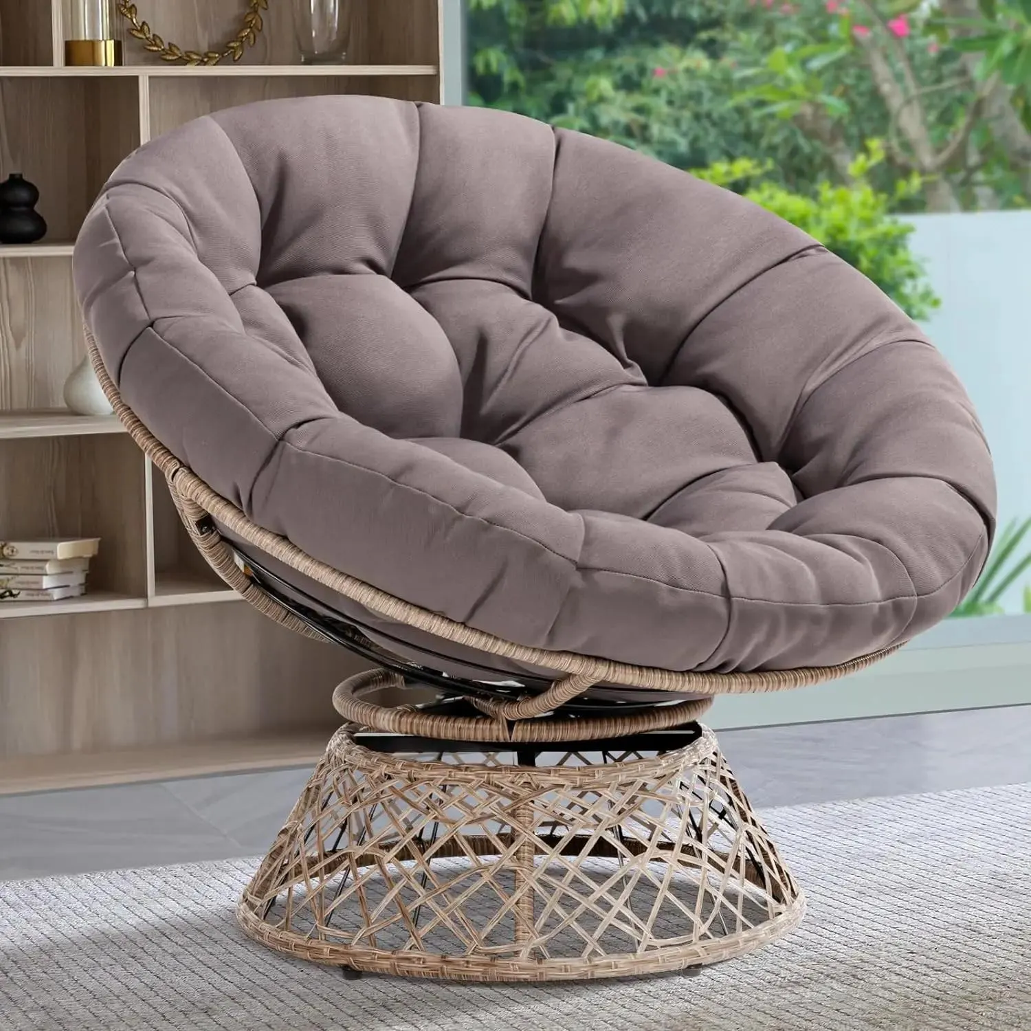 Ergonomic wicker papaya chair with soft cushion, steel frame, 360 degree rotation, suitable for living room and lounge
