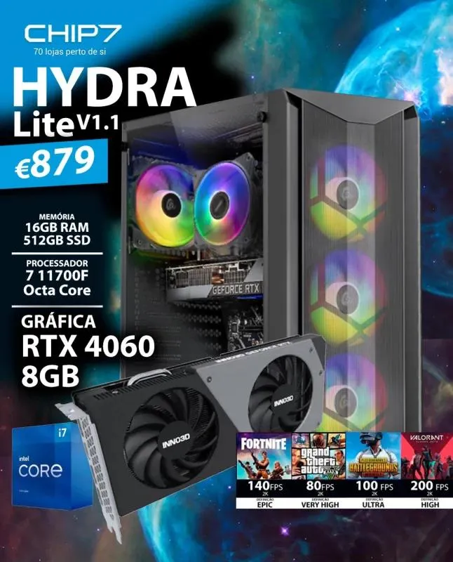 COMPUTADOR GAMING - I7 11700F / RTX 4060 8GB / 16GB RAM / 512GB SSD - CHIP7 HYDRA DRAGON LITE V1.1