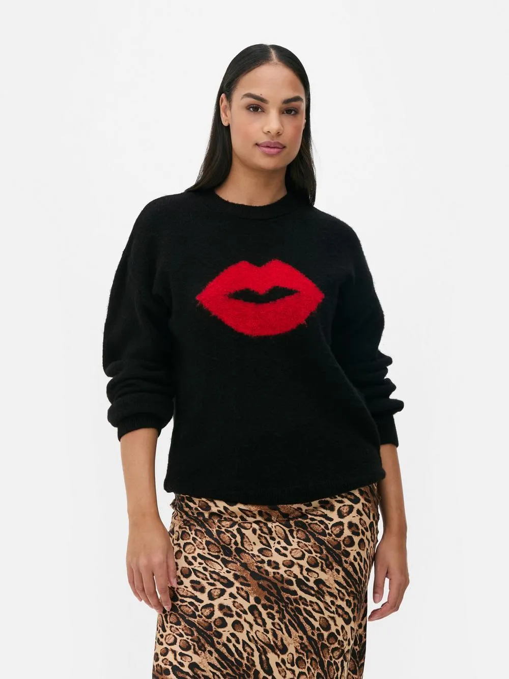 Oversized-Rundhalspullover mit Lippenmotiv