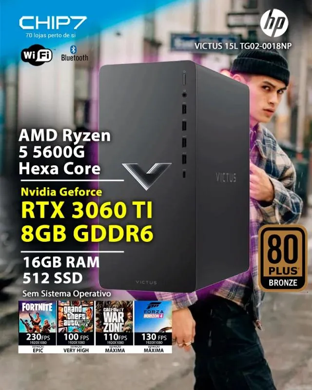 Computador Desktop HP Victus 15L - AMD Ryzen 5 5600G / RTX 3060 TI 8GB / 16GB RAM / 512GB SSD / S/SO - TG02-0018np
