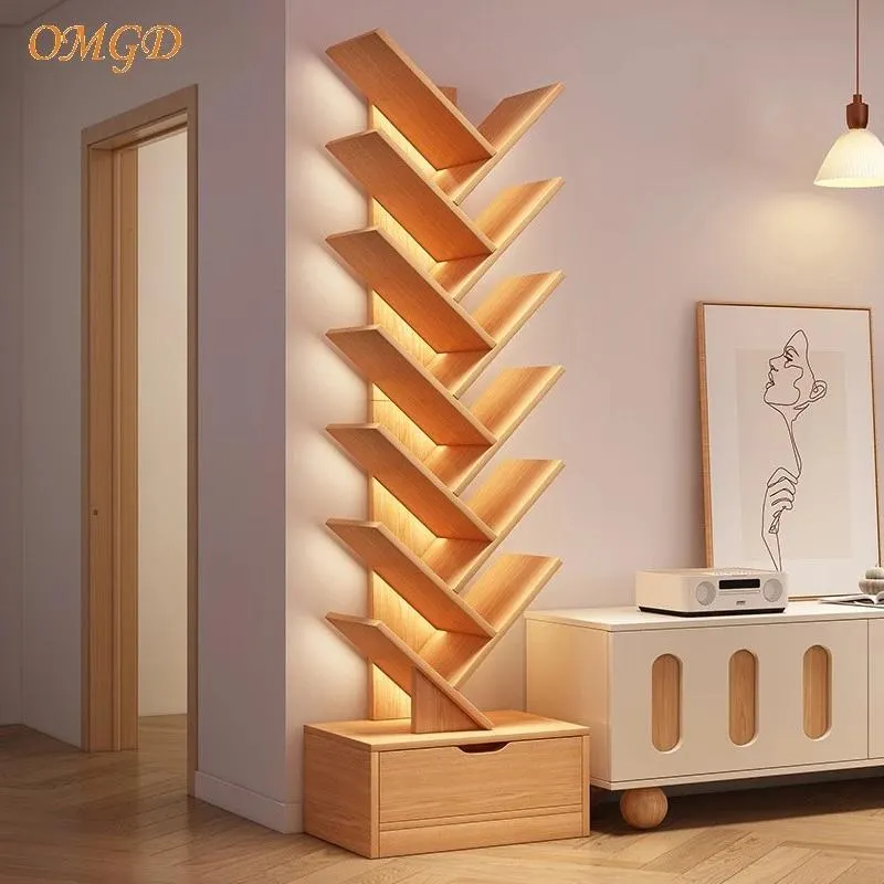 OMGD Simple Tree Small Bookcase Floor Shelf Home Bookcase Living Room Storage Rack Multi-layer Creative Bedroom Narrow Cabinet