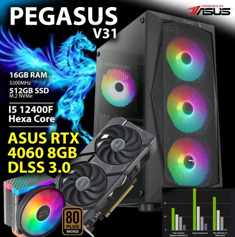 COMPUTADOR GAMING - I5 12400F / RTX 4060 8GB / 16GB RAM / 512GB SSD - CHIP7 PEGASUS V31 Powered by ASUS