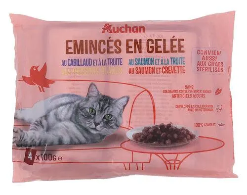 comida húmida para gato auchan saquetas pedaços em geleia peixe 4x100g