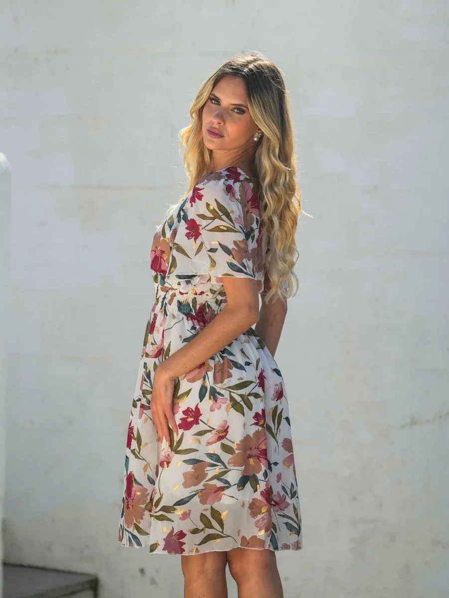 Vestido curto florido com pormenores glow