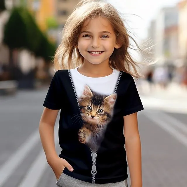 Chica 3D Gato Camiseta Camisa Manga Corta Impresión 3D Verano Activo Moda Estilo lindo Poliéster Niños 3-12 años Cuello Barco Exterior Casual Diario Ajuste regular