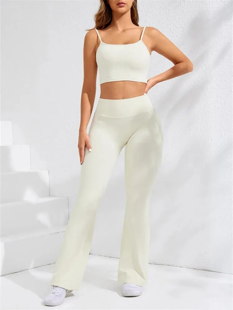2pcs White Yoga Vest Sets Women Sexy Tank Top Flared Legging Sport Set Girl Tight Fitting Camisole Bell Bottoms Pants Suit