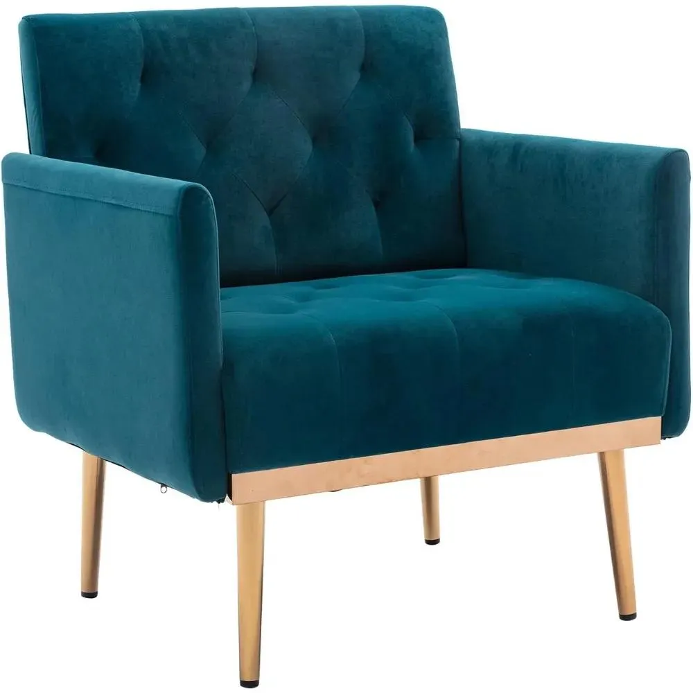 Velvet Accent Chair with Arms for Living Room, Modern Tufted Single Sofa Armchair with Gold Metal Legs Upholstered Reading