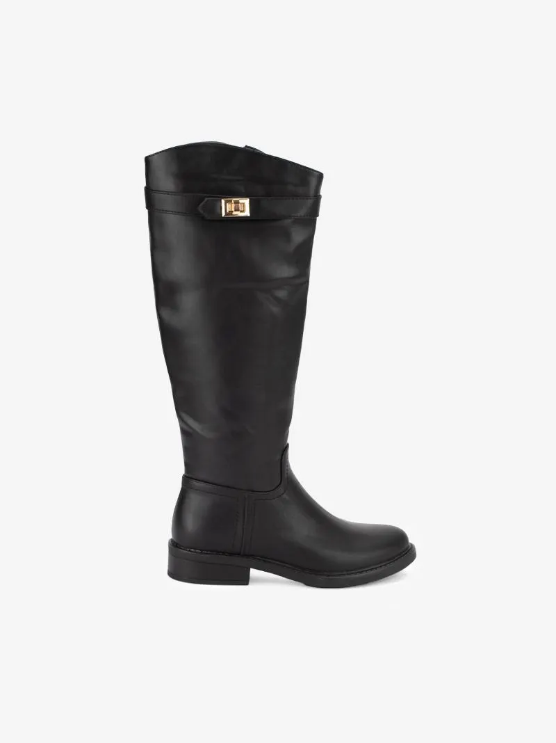 BOTA ALTA ESTILO CAVALEIRA DE FIVELA E FECHO INTERIOR COM SOLA RASA
