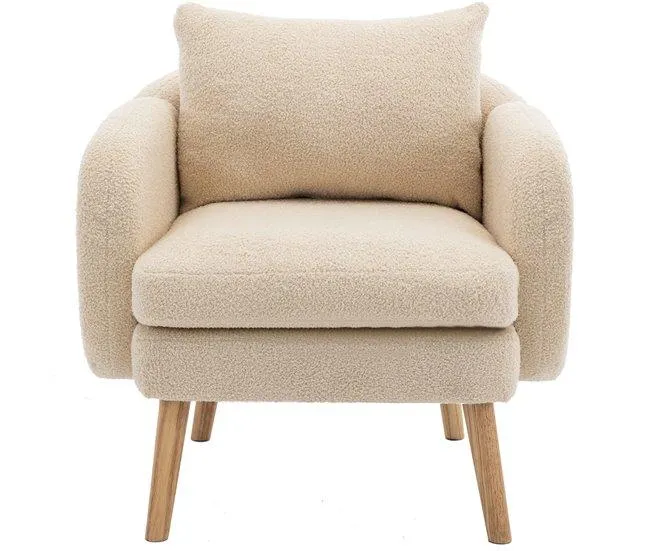 Cadeirão em tecido felpudo francês com almofada grossa - pernas em madeira maciça - bege