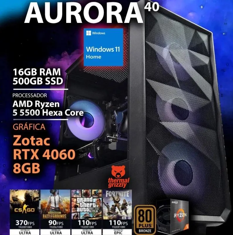 COMPUTADOR GAMING - AMD RYZEN 5 5500 / RTX 4060 8GB / 16GB RAM / 500GB SSD / Windows 11 Home - CHIP7 AURORA V40