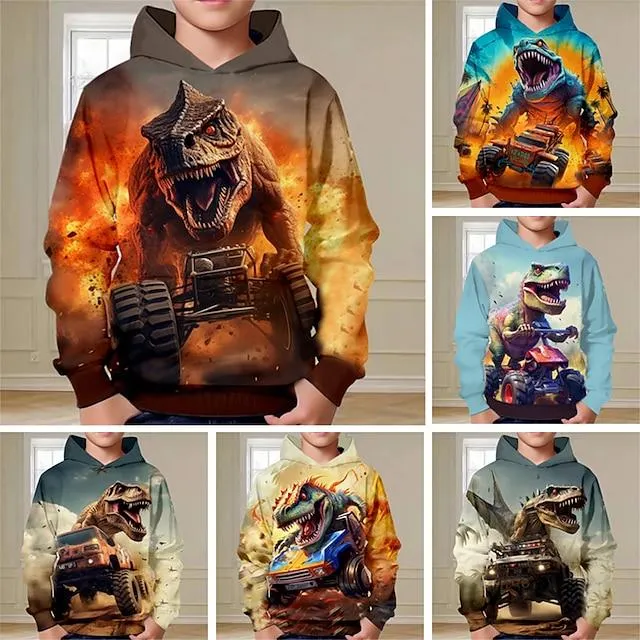 Jongens 3D Dinosaurus Trui met capuchon Pullover Lange mouw 3D-afdrukken Herfst Winter Modieus Streetwear Stoer Polyester Kinderen 3-12 jaar Buiten Casual Dagelijks Normale pasvorm