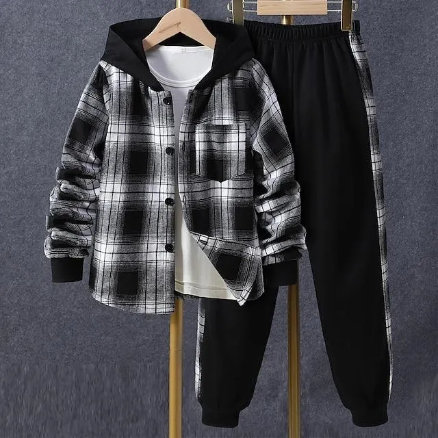 2-delig Kinderen Jongens Kledingset Kleding Ruitjes Lange mouw Set Casual Dagelijks Lente Herfst 7-13 jaar Zwart Geel Rood