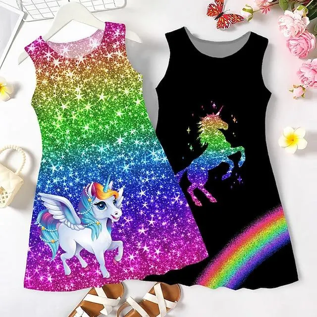 Girls ' 3D Graphic Arco iris Unicornio Vestido Sin Mangas Impresión 3D Verano Primavera Deporte Diario Festivos Estilo lindo Casual Dulce Niños 3-12 años Vestido informal Vestido de una línea Vestido