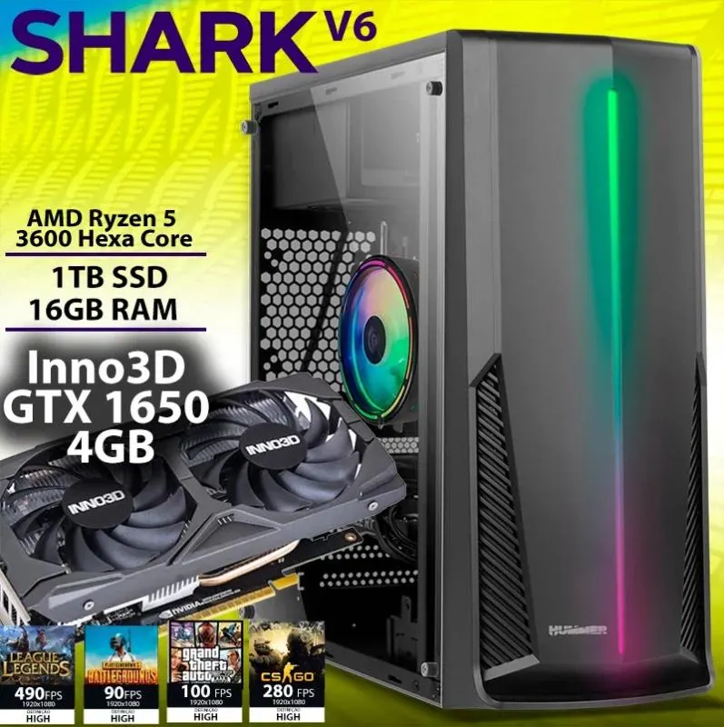 COMPUTADOR GAMING - AMD Ryzen 5 3600 / GTX 1650 4GB / 16GB RAM / 1TB SSD - CHIP7 SHARK V6