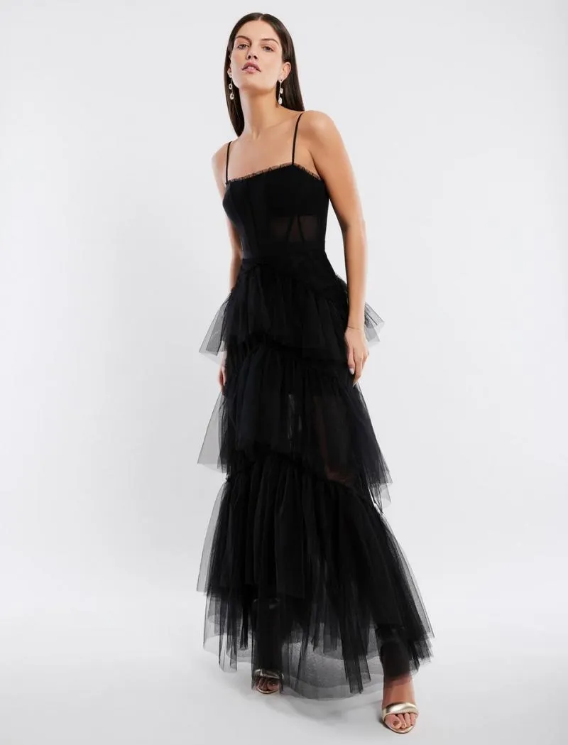 Vestido Maxi BCBGMAXAZRIA Oly Tiered Ruffle Tulle Evening Gown Pretas | DRJIK-6902