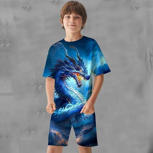 Jongens 3D Grafisch dier Draak T-shirt & shorts T-shirtset Kledingset Korte mouw 3D-afdrukken Zomer Lente Actief Sport Modieus Polyester Kinderen 3-13 jaar Buiten Straat Vakantie Normale pasvorm