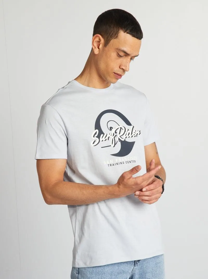 T-shirt de algodão estampada de gola redonda - AZUL