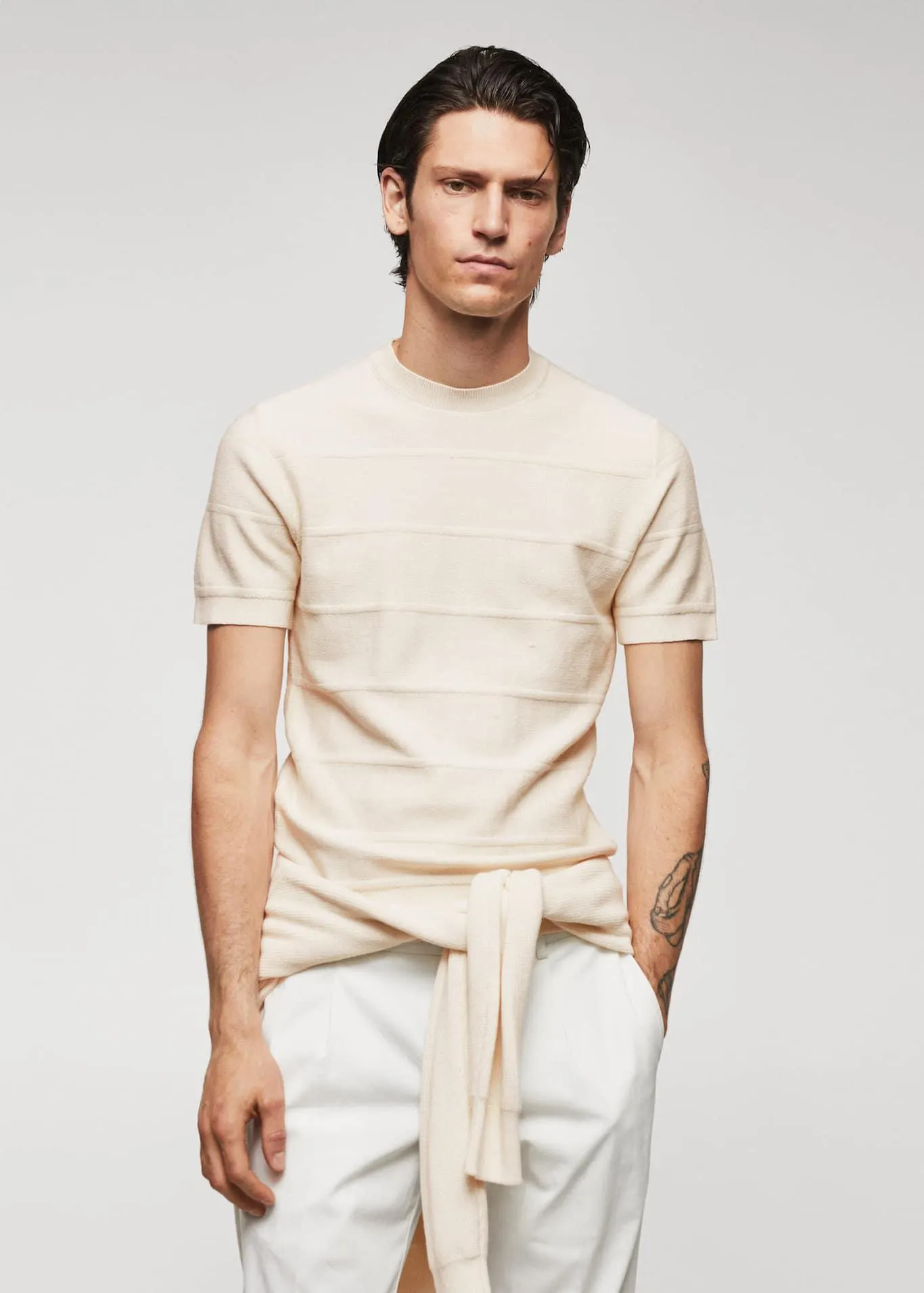 Csíkos, texturált, kötött pamutpóló