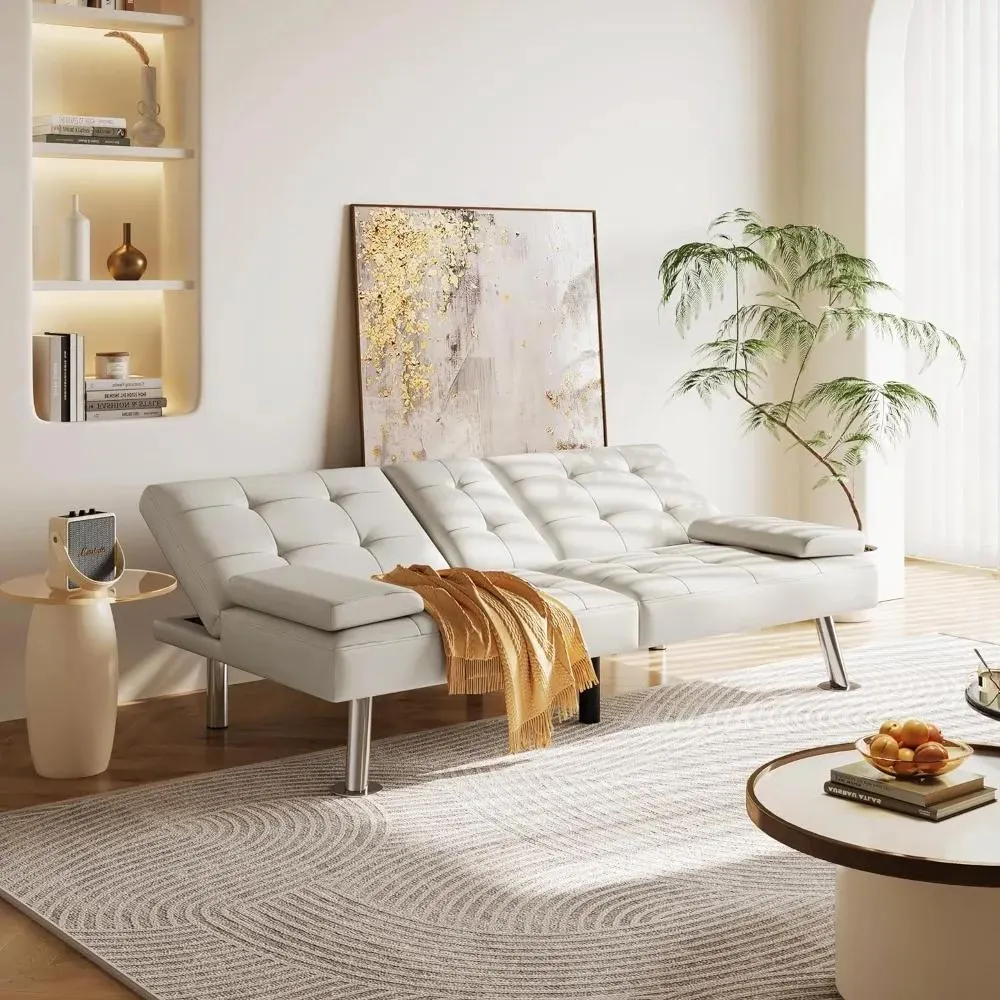 Faux Leather Sleeper Sofa With Mattress and Frame Living Room Sofas Convertible Futon Couch for Living Room Furniture White
