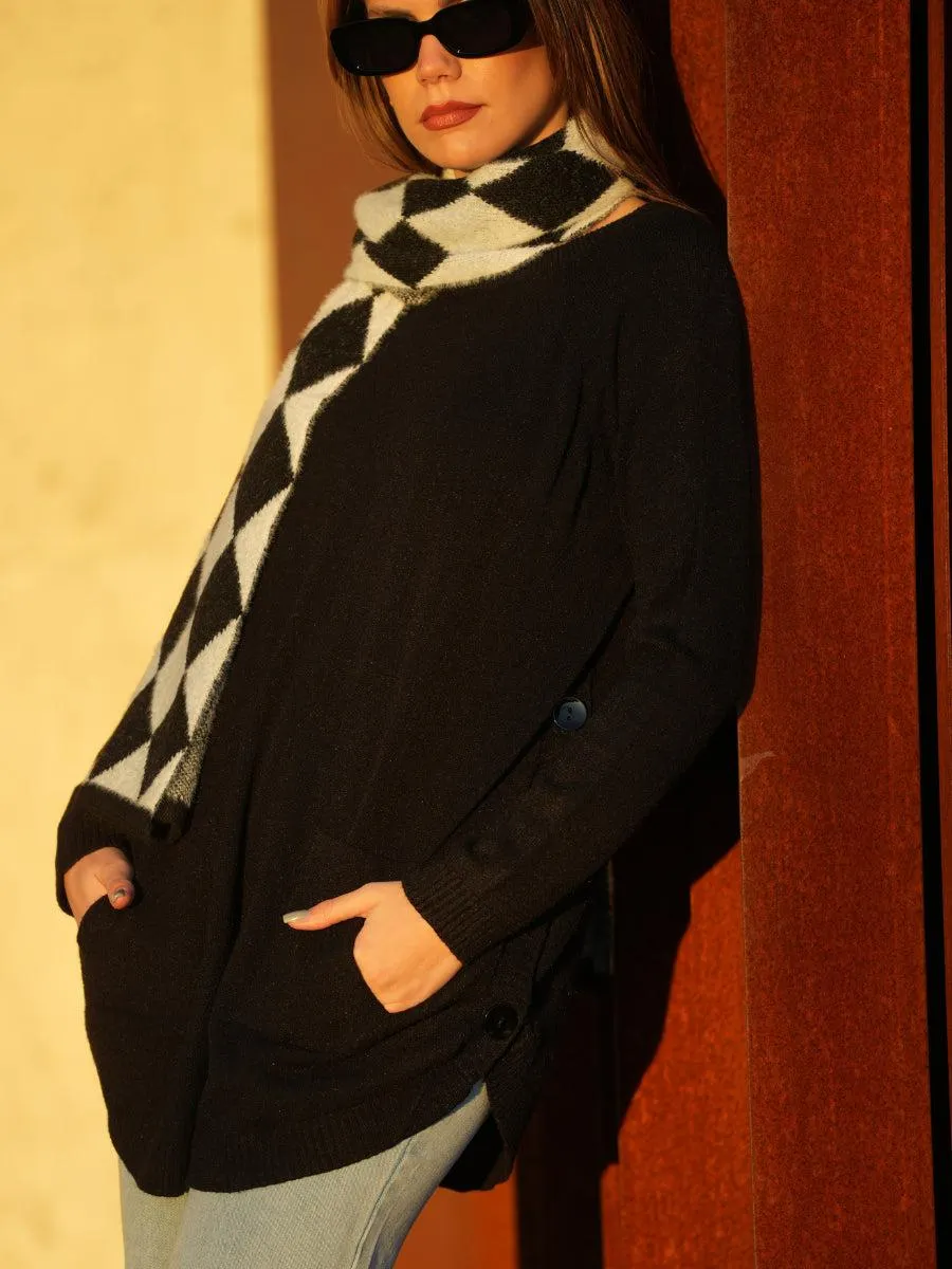 Conjunto 2 peças: Camisola de malha bolsos + cachecol a combinar