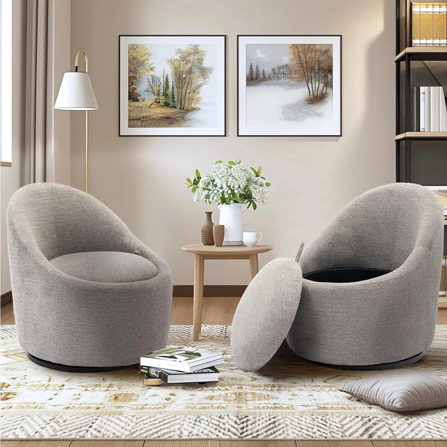 Swivel Accent Chair Set of 2 Upholstered Chenille Fabric Leisure Modern Armchair with Hidden Storage Space for Living Room