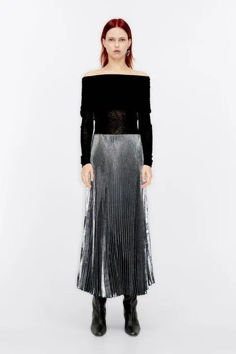 Saia midi plissada prateada